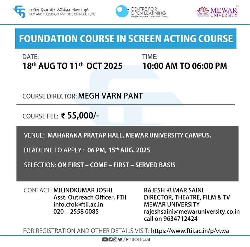 Foundation Course in Screen Acting from 18 August – 11 October 2025 at Mewar University campus