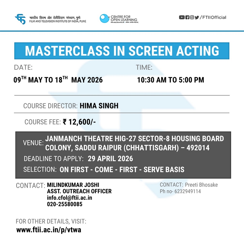 Masterclass in Screen Acting  in Raipur (09 - 18th May 2026)