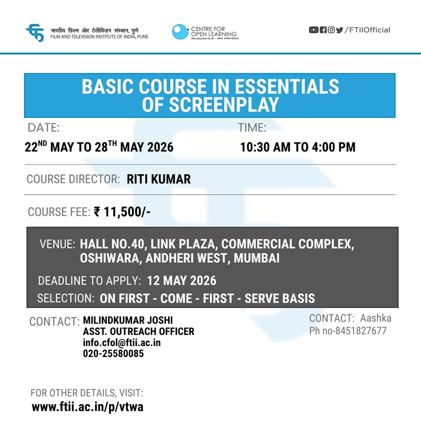Basic Course in Essentials of Screenplay Writing  in Mumbai (22 - 28 May 2026)