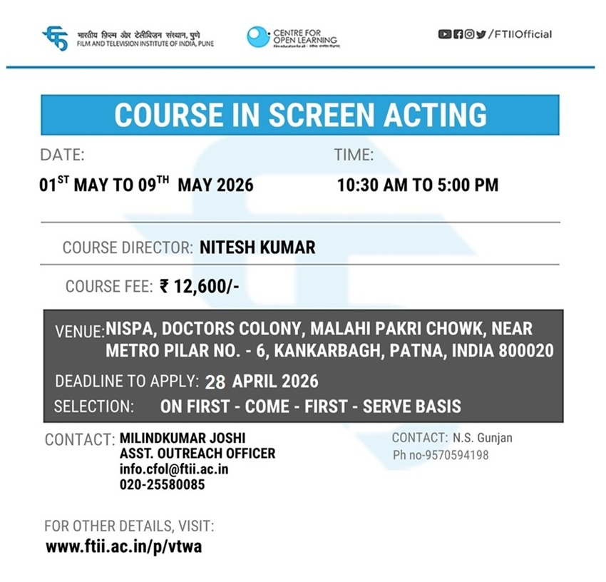 Course in Screen Acting in Patna (01 - 09 May 2026)