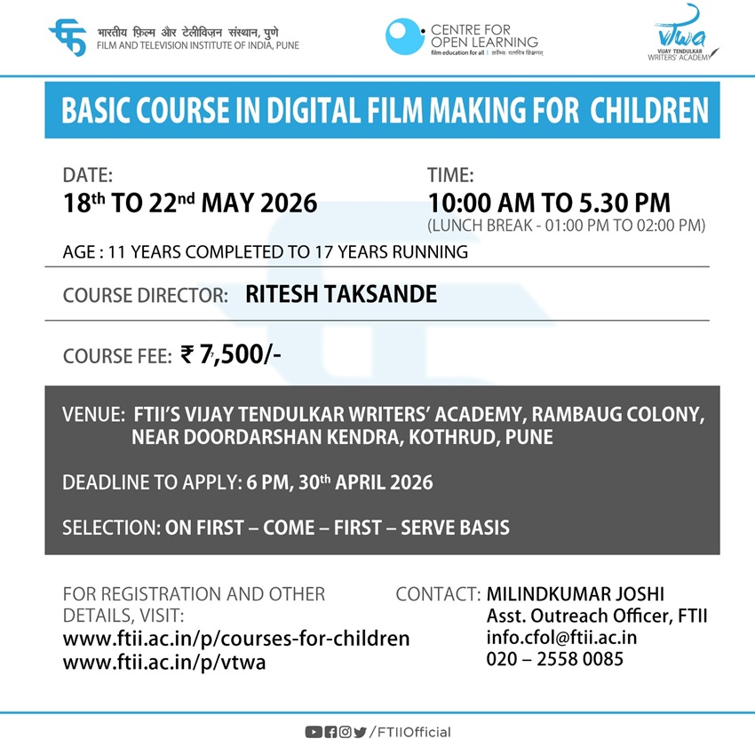 Basic Course in Digital Filmmaking for Children in Pune from 18-22 May 2026