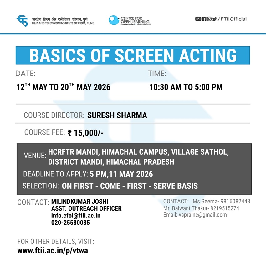 Workshop on Basics of Screen Acting in Mandi (12 - 20 May 2026 )