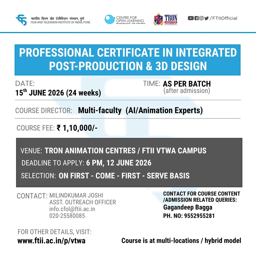 Professional Certificate in Integrated Post Production and 3D Design (15th June - 27th Nov. 2026 )