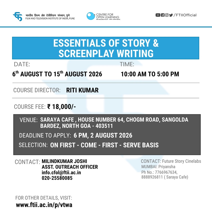 Workshop on Essentials of Story and Screenplay Writing in Goa (06 - 15 Aug 2026)