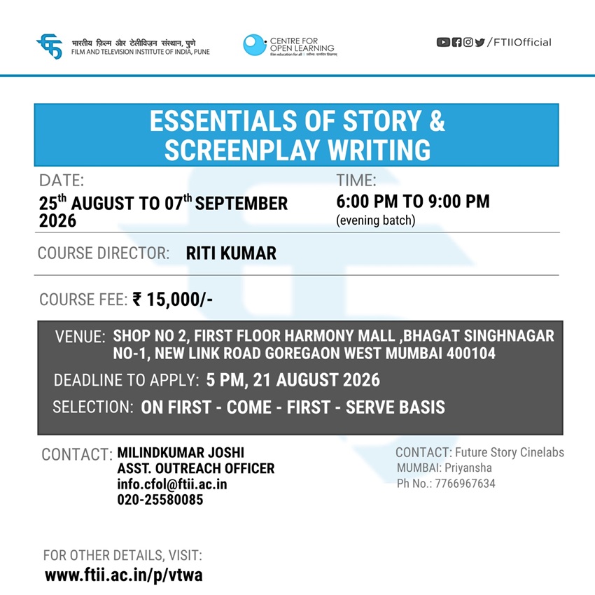 Workshop on Essentials of Story and Screenplay Writing in Mumbai (Evening Course) (25 Aug. to 07 Sept. 2026)