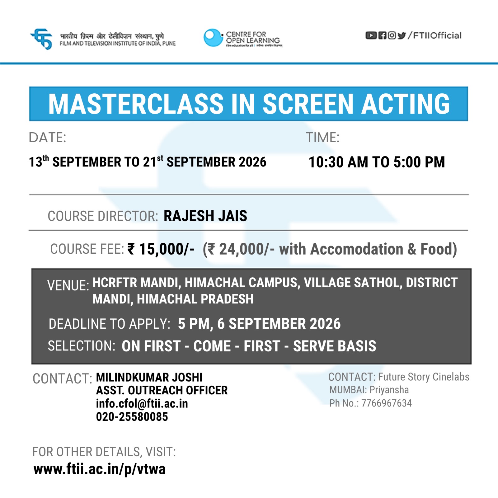 Masterclass in Acting in Mandi, Himachal Pradesh (13-21 September 2026)