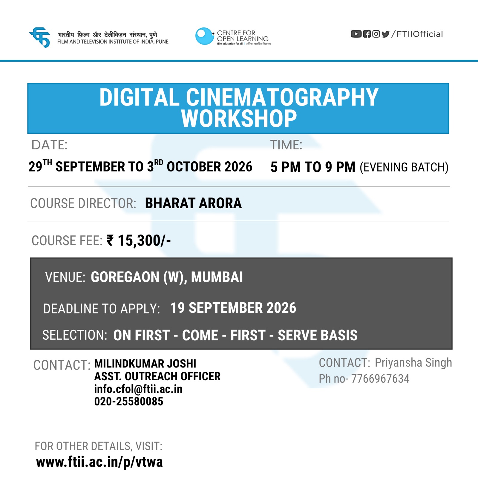 Digital Cinematography Workshop in Mumbai (29 Sept - 03 Oct. 2026) - (Evening Course)  