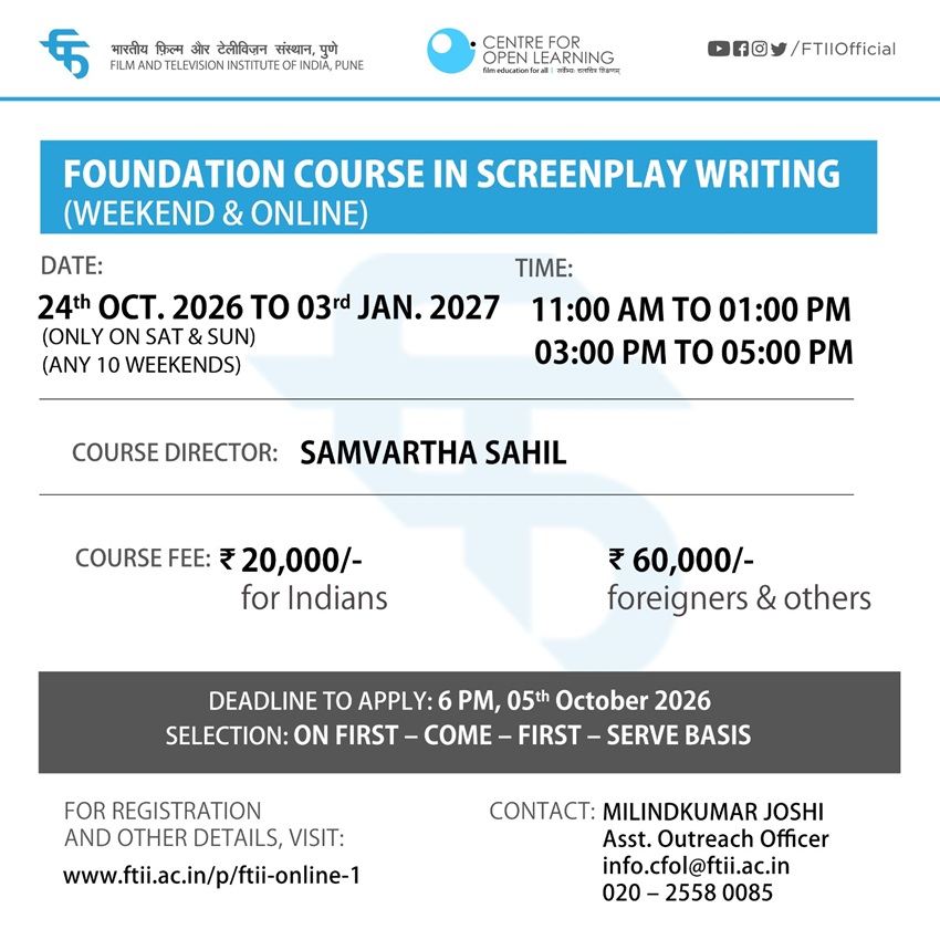 Foundation Course in Screenplay Writing (24 October 2026 – 03 January 2026) - Weekend and Online