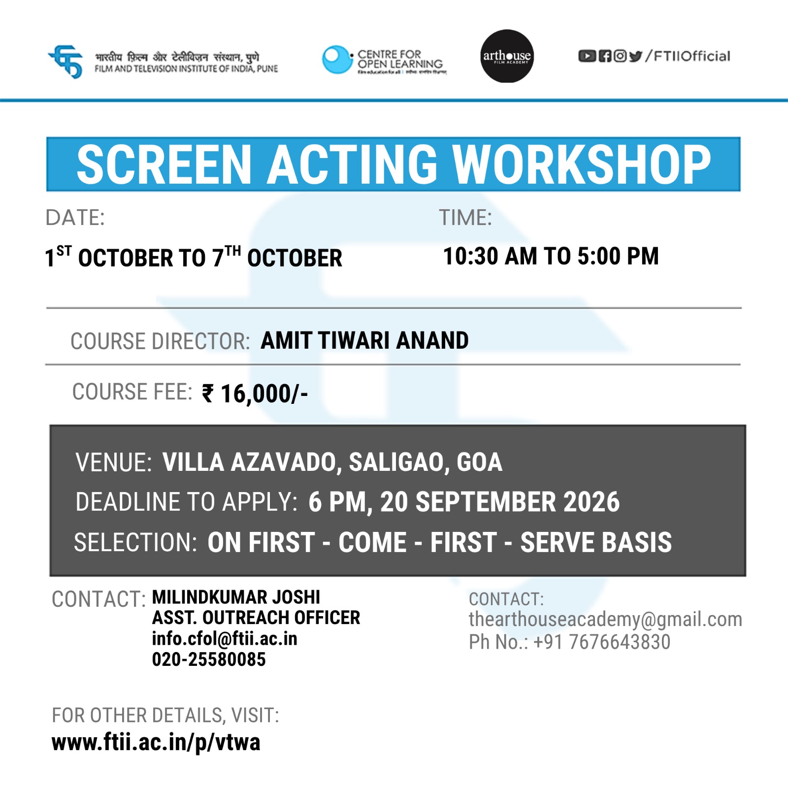 Screen Acting Workshop from 01 - 07 Oct 2026 in Goa
