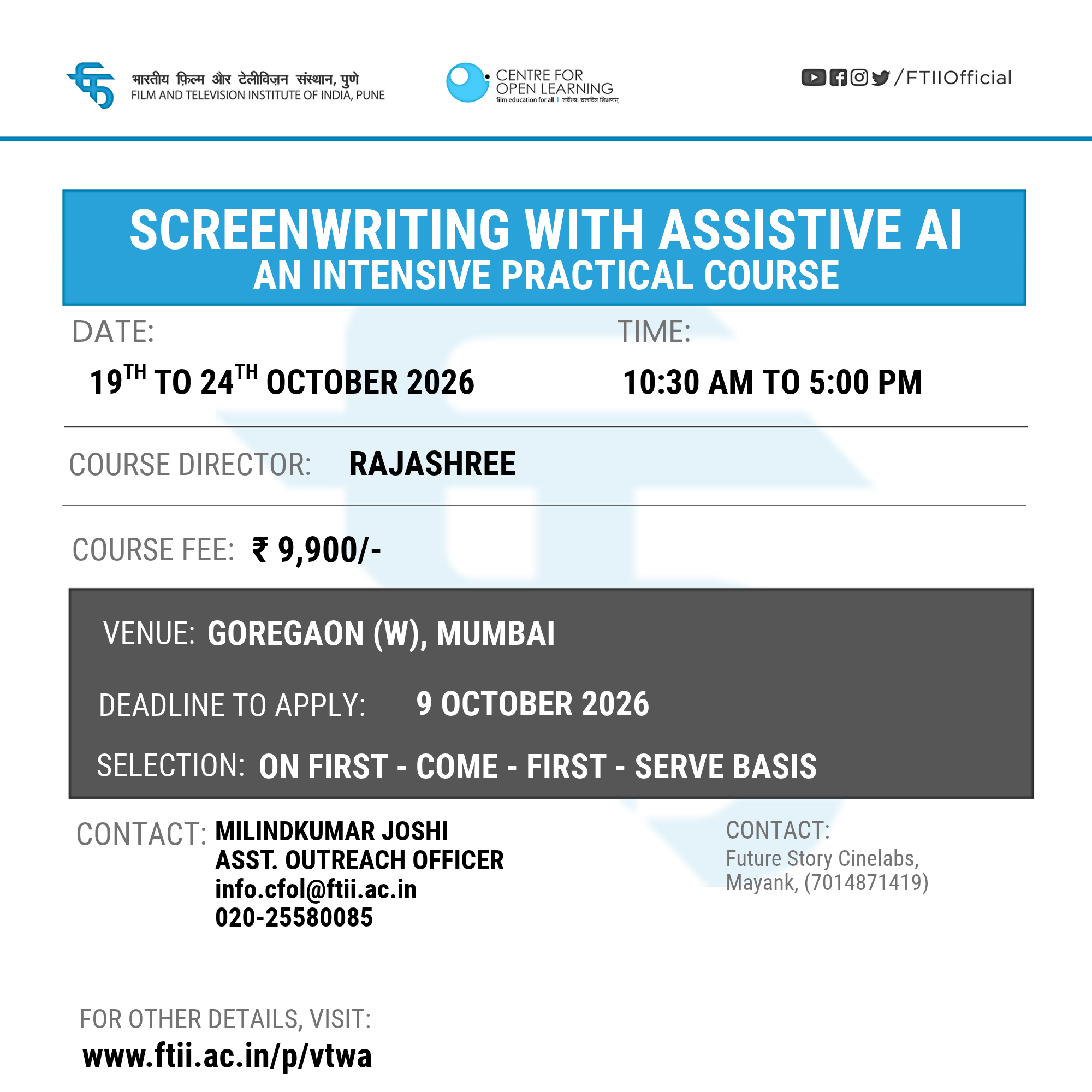 Workshop on Screenwriting with Assistive AI: An intensive Practical Course in Mumbai (19 - 24 October 2026)