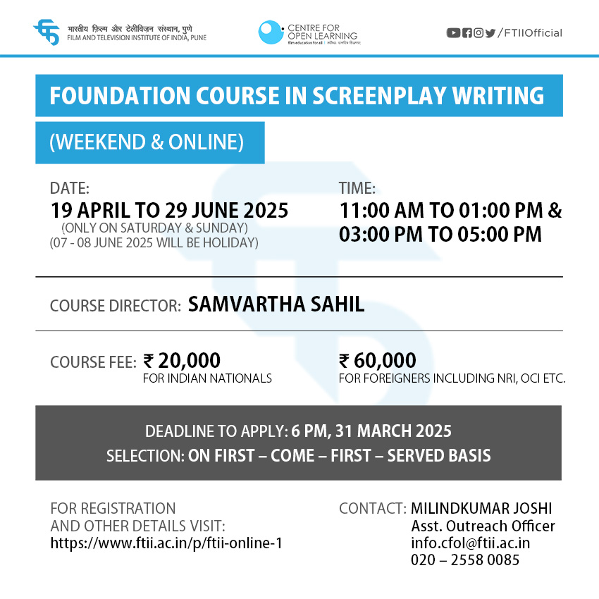 Online Foundation Course in Screenplay Writing from 19 April – 29 June 2025