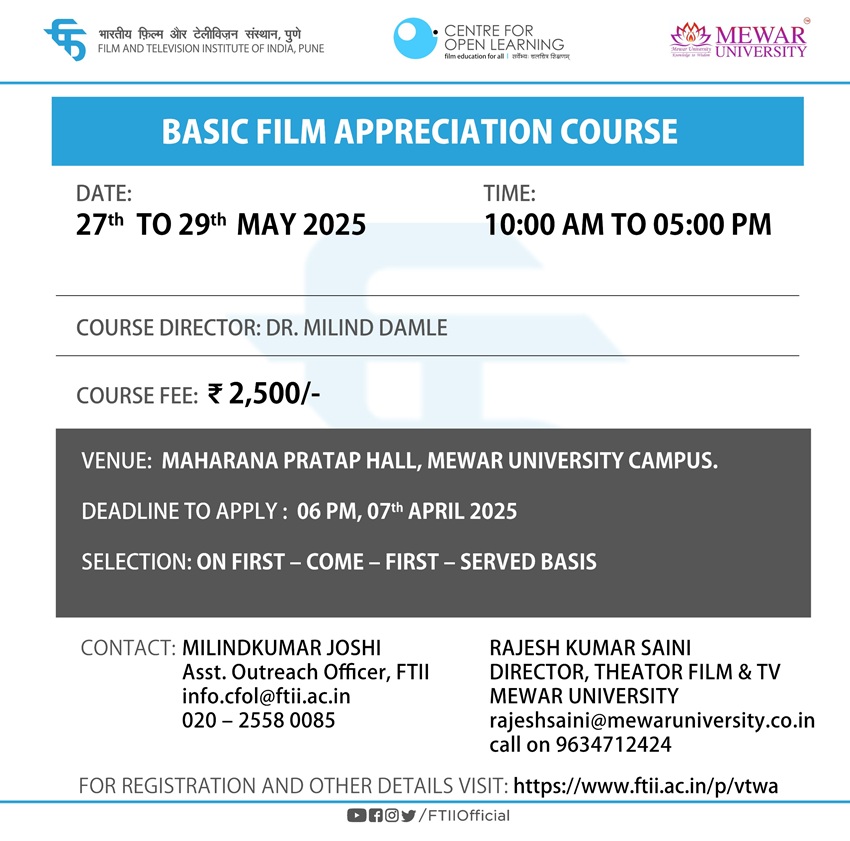 Basic Film Appreciation Course on Mewar University Campus (27 - 29  May 2025)