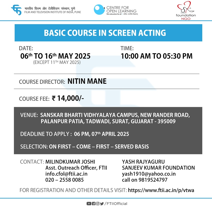 Basic Course in Screen Acting in Surat, Gujarat (06 - 16  May 2025)