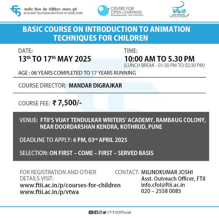 Basic Course on Introduction to Animation Techniques for Children in Pune (13th to 17th May 2025)