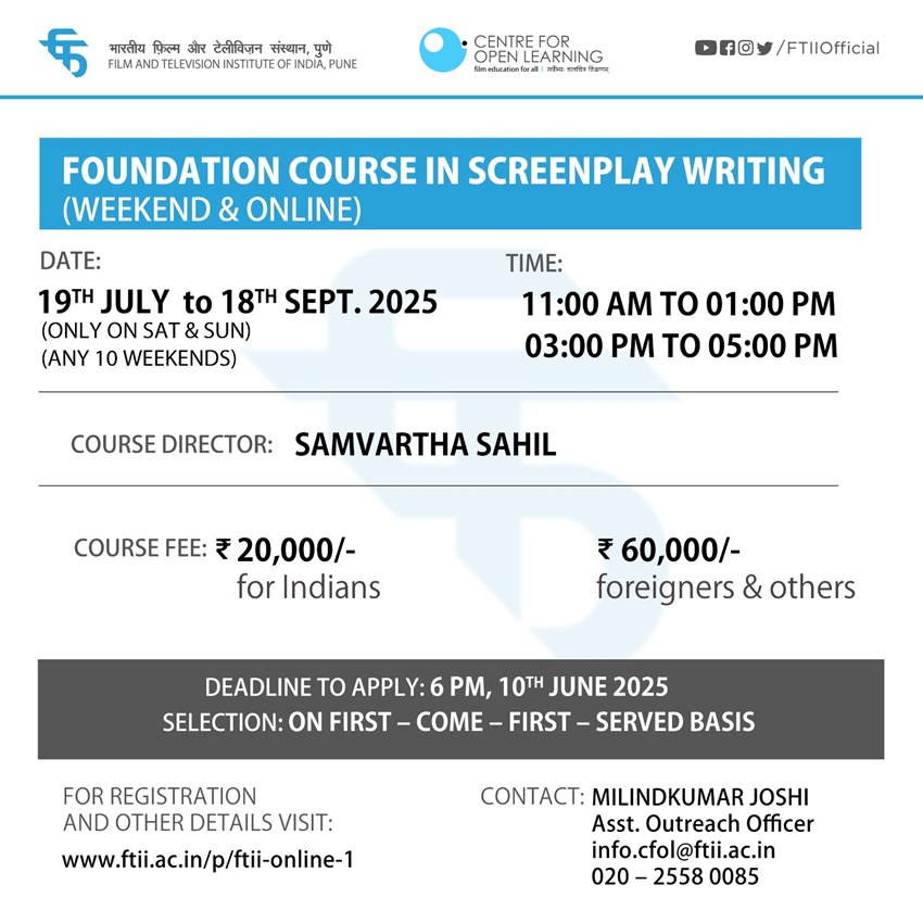 Foundation Course in Screenplay Writing (19 July - 28 September 2025) - Weekend and Online 